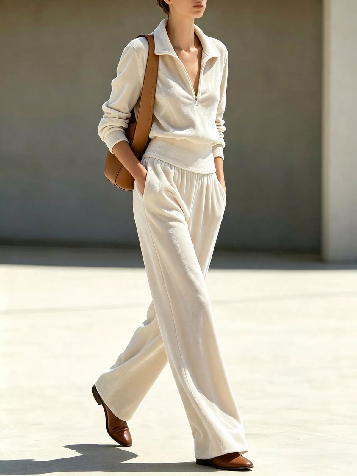 Cream quarter-zip top and wide-leg pants set