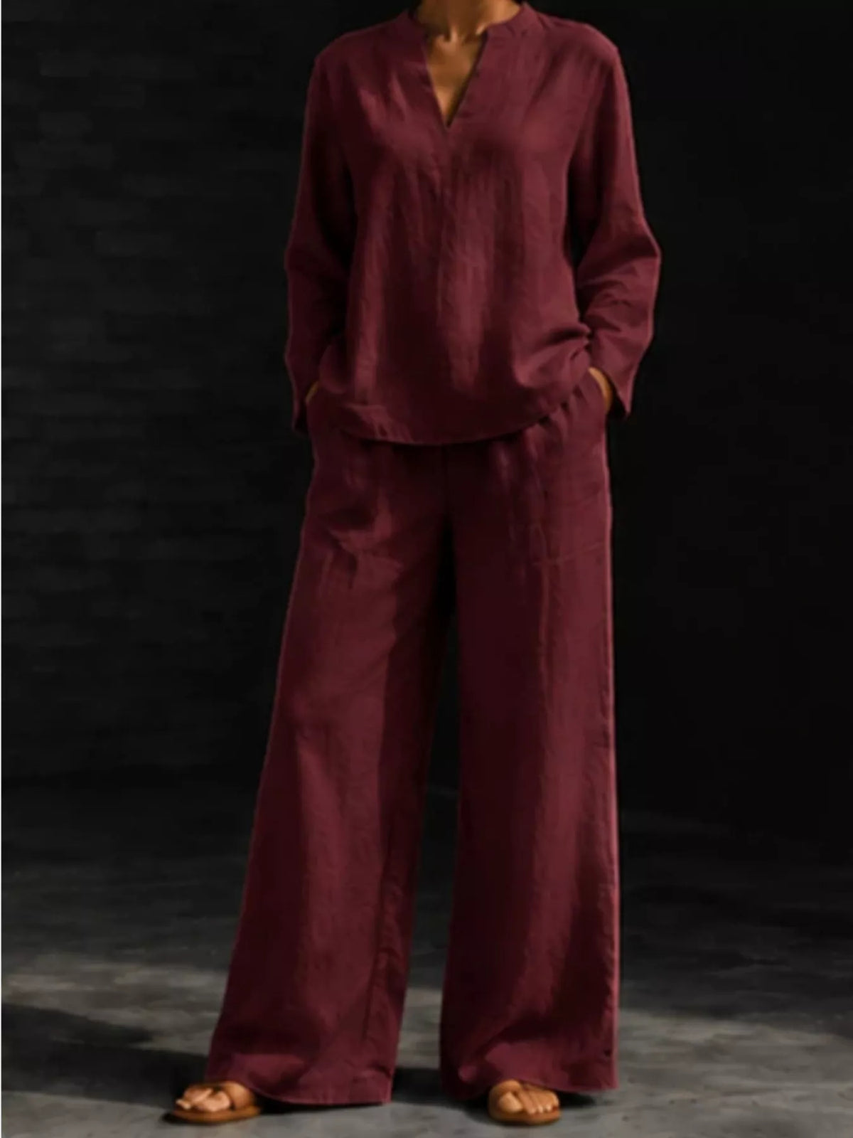 Trendsi Notched Long Sleeve Top and Pants Set -