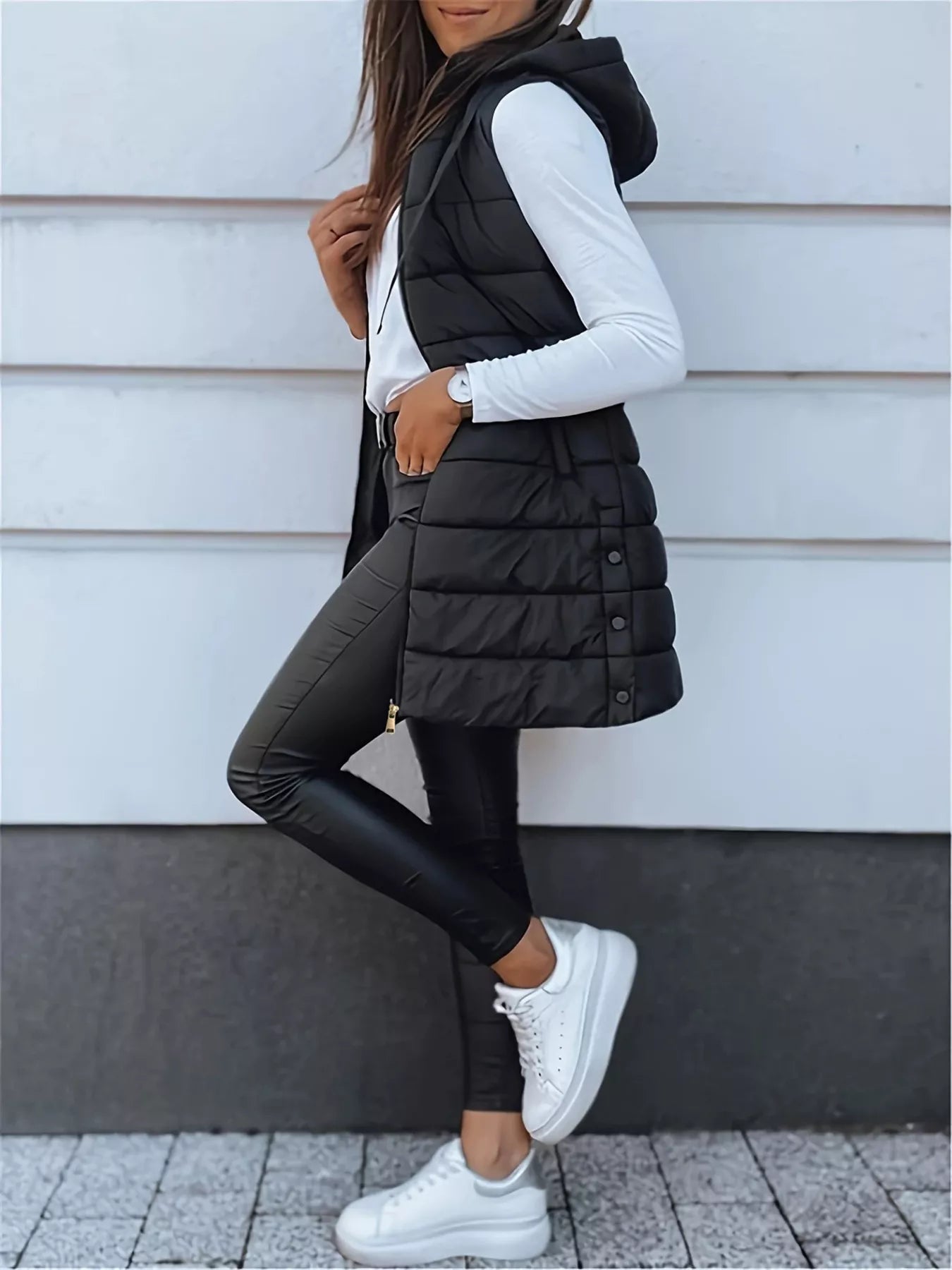 Trendsi Zip Up Longline Hooded Puffer Vest Coat -