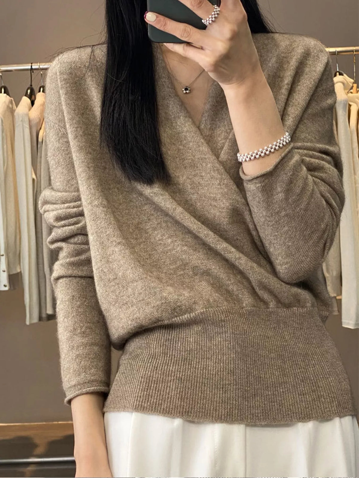 Taupe wrap-front sweater