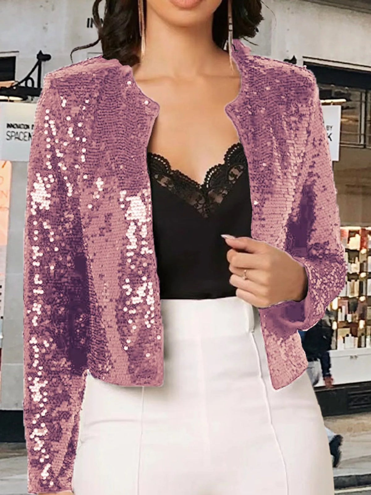 Sequin Long Sleeve Jacket — front view