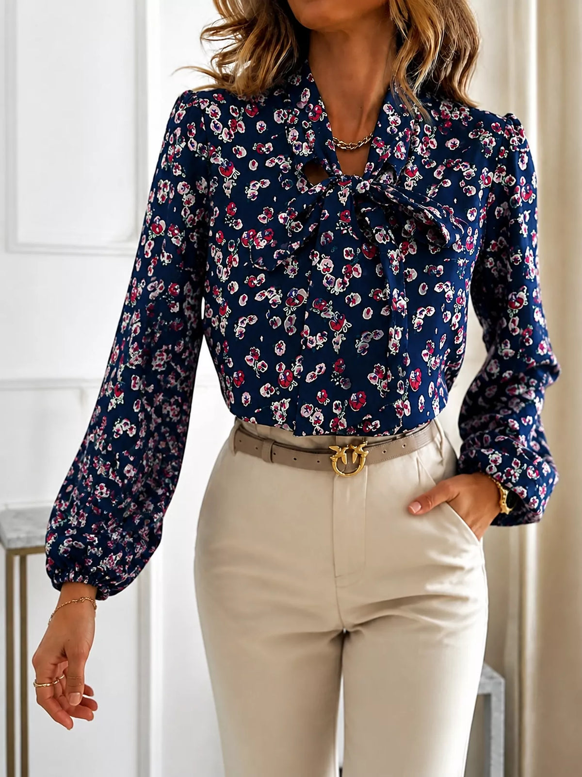Women's Printed Bow-Tie Neck Long Sleeve Blouse in Mauve, full-length view