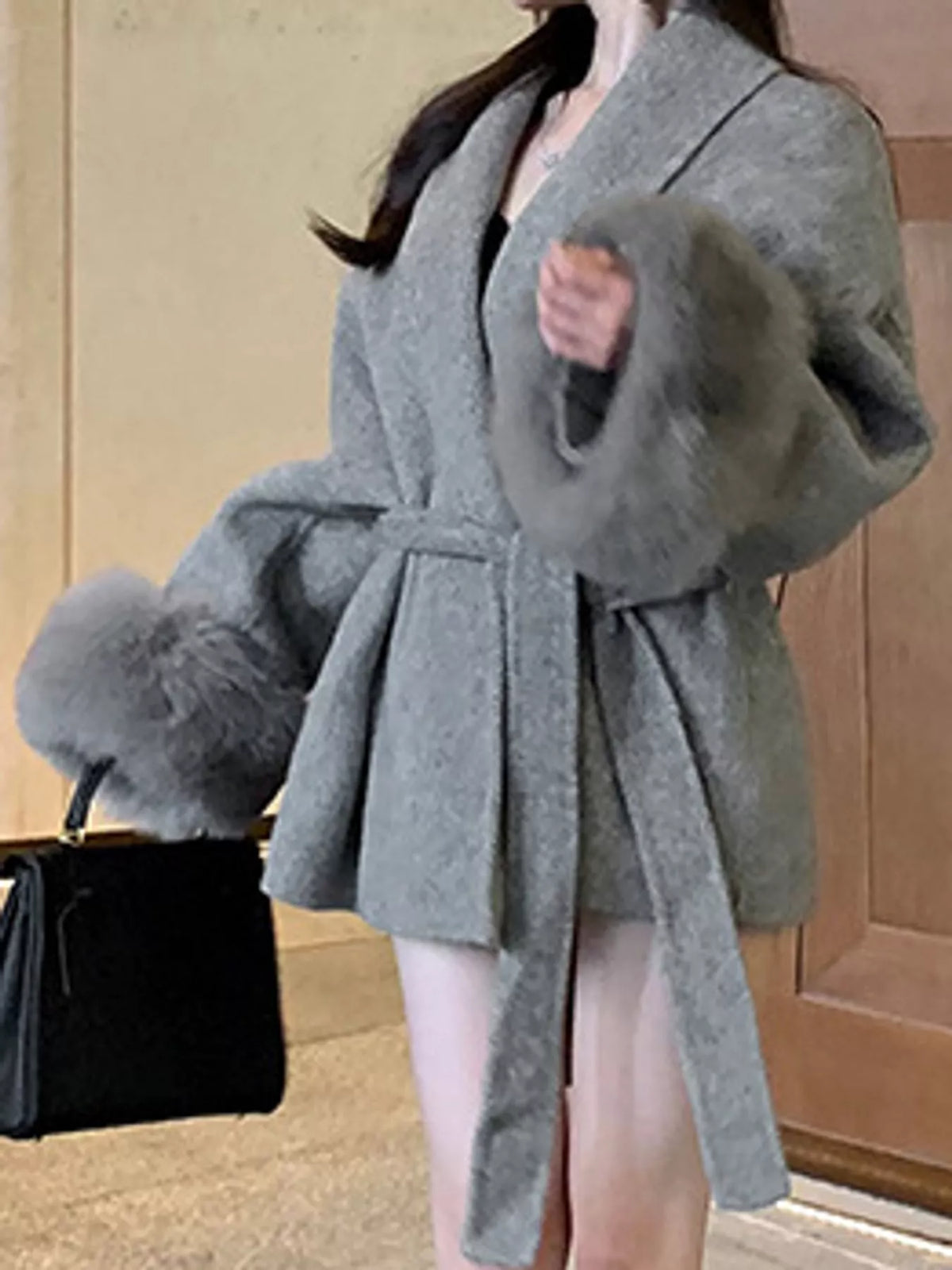 Gray tie-waist coat with faux fur cuffs — side view