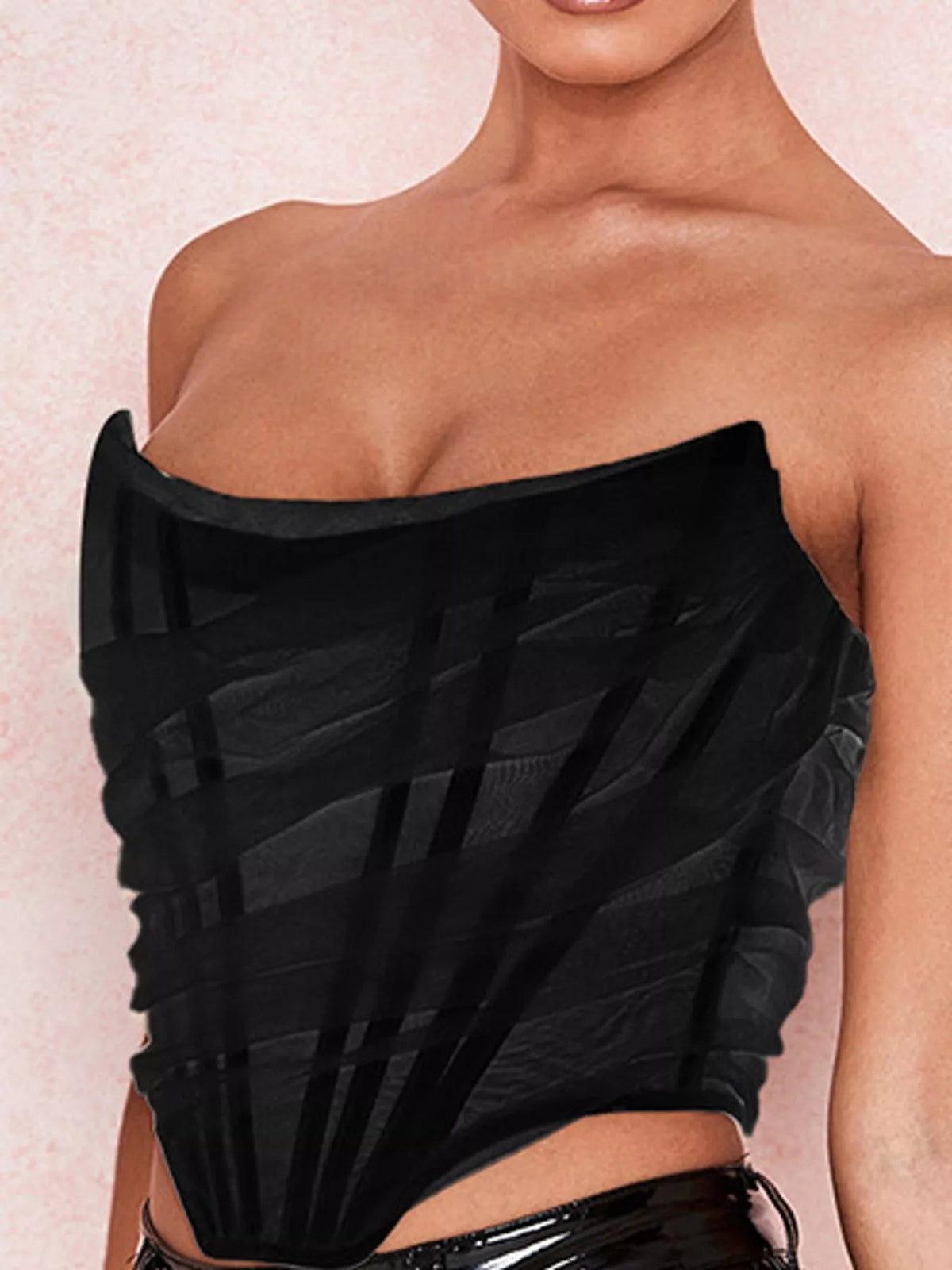 Corset Style Ruched Tube Top, detail view in black
