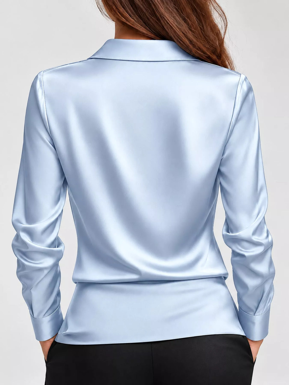 Blue satin cowl neck blouse, back view