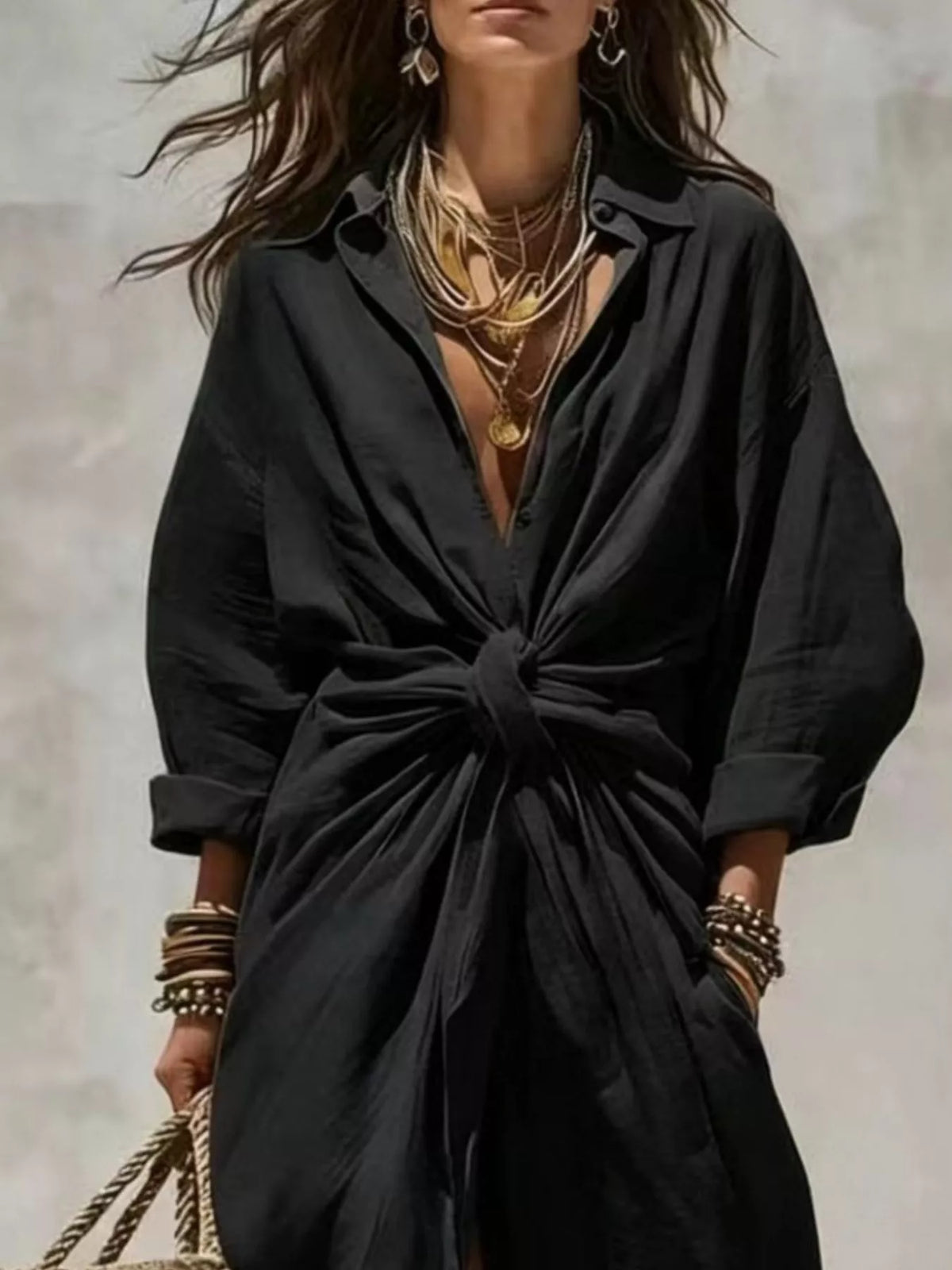 Trendsi Front-Tie Maxi Shirt Dress -