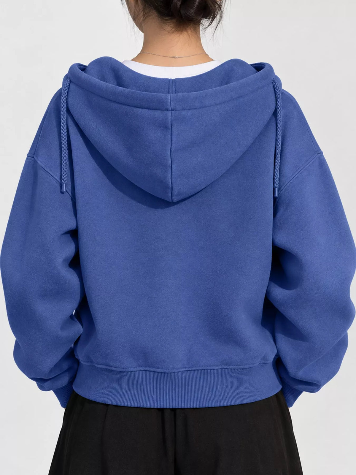 Royal Blue oversized zip-up cropped hoodie, back view