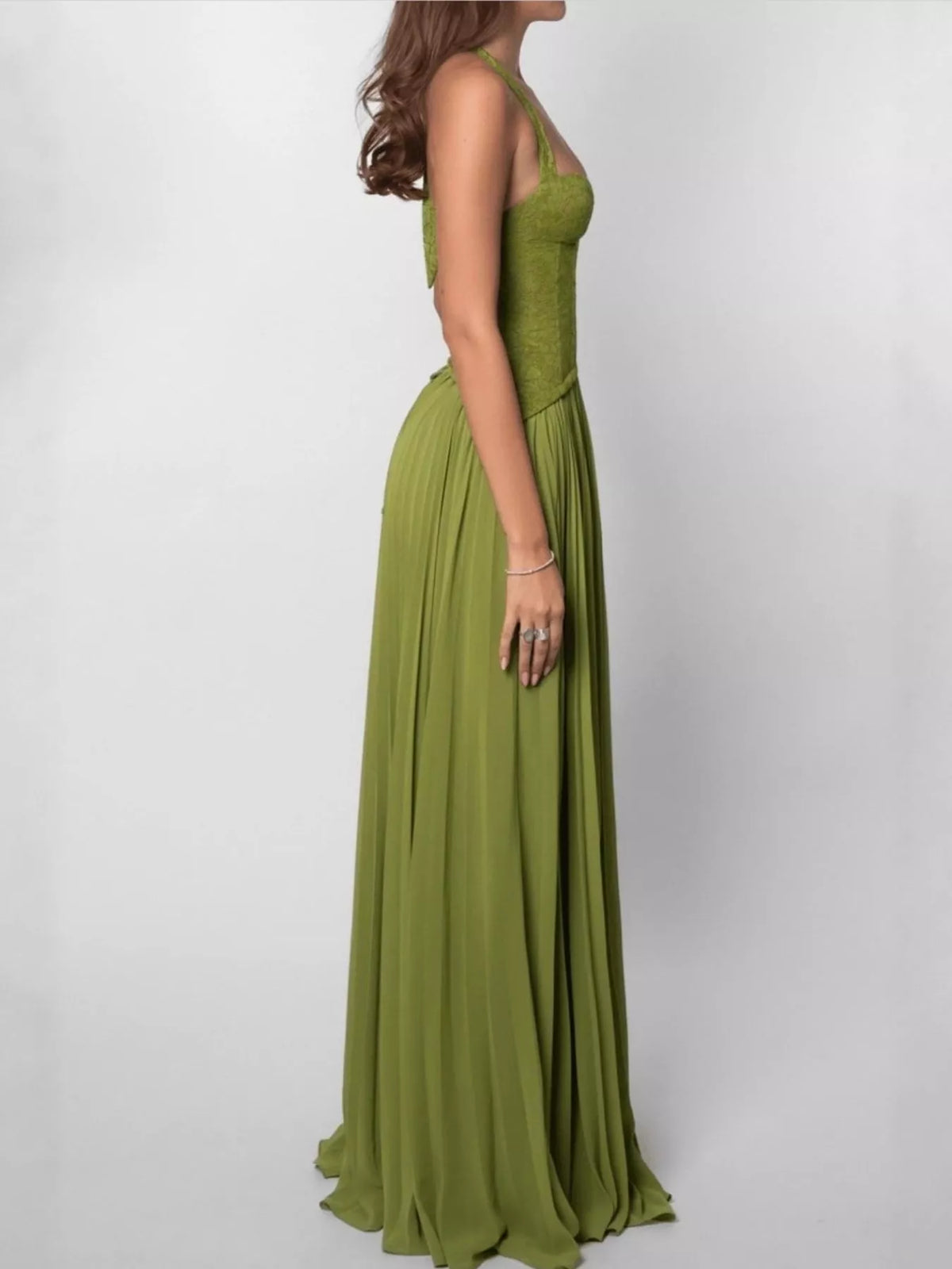 Lace Halter Neck Pleated Maxi Dress — side view