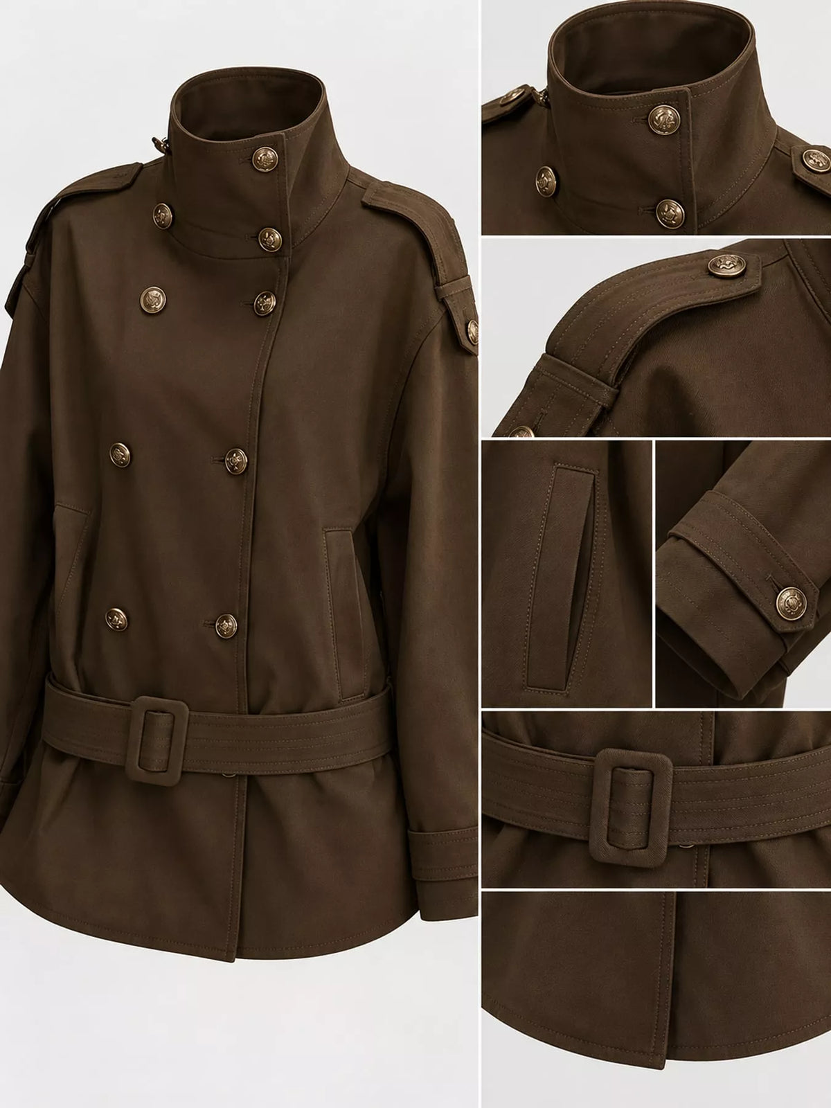 Brown double-breasted high-neck belted trench coat, collar, buttons, shoulder tabs, belt, and cuff close-ups