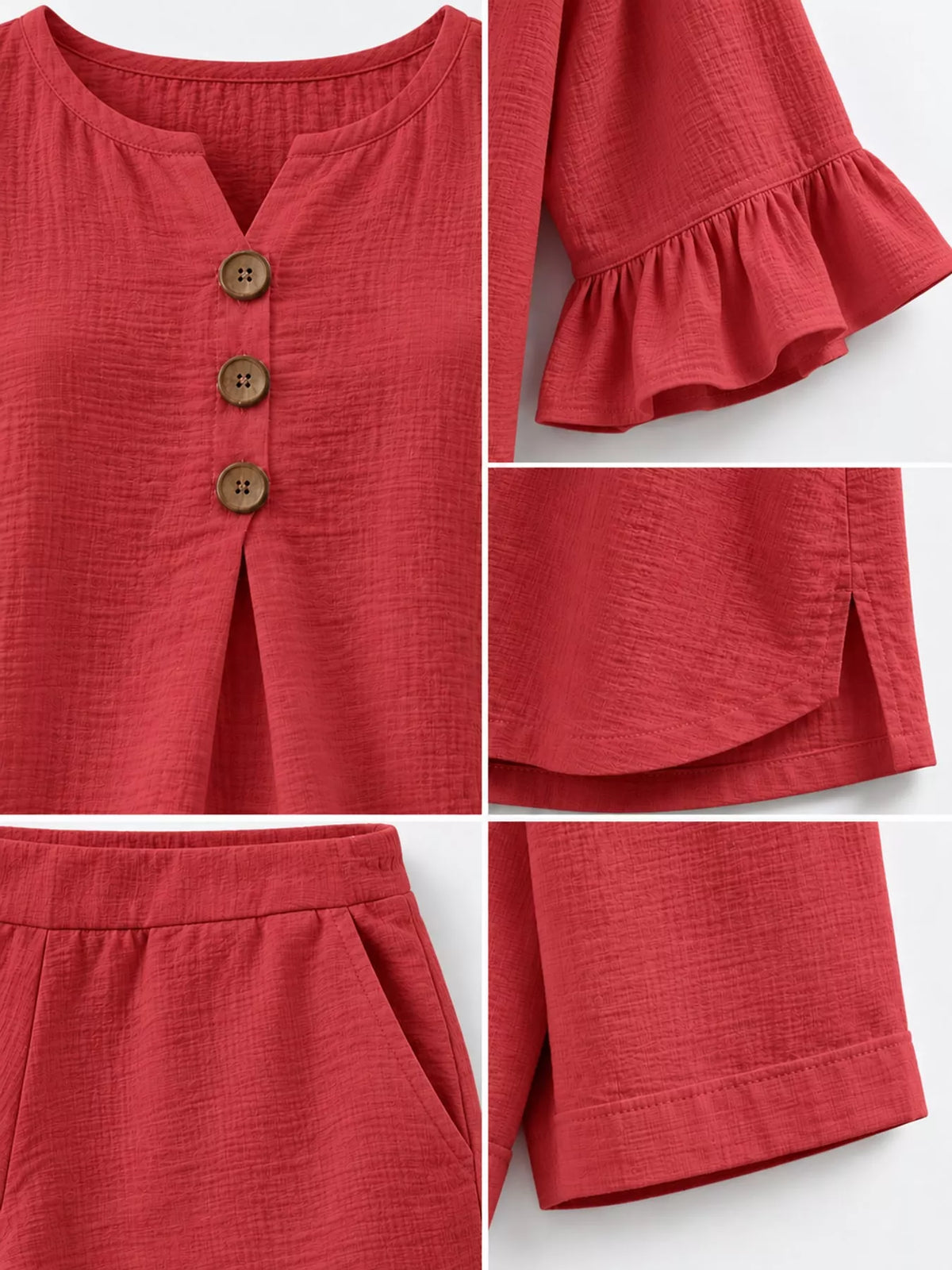 Decorative Button Blouse and Shorts Set, detail view in red