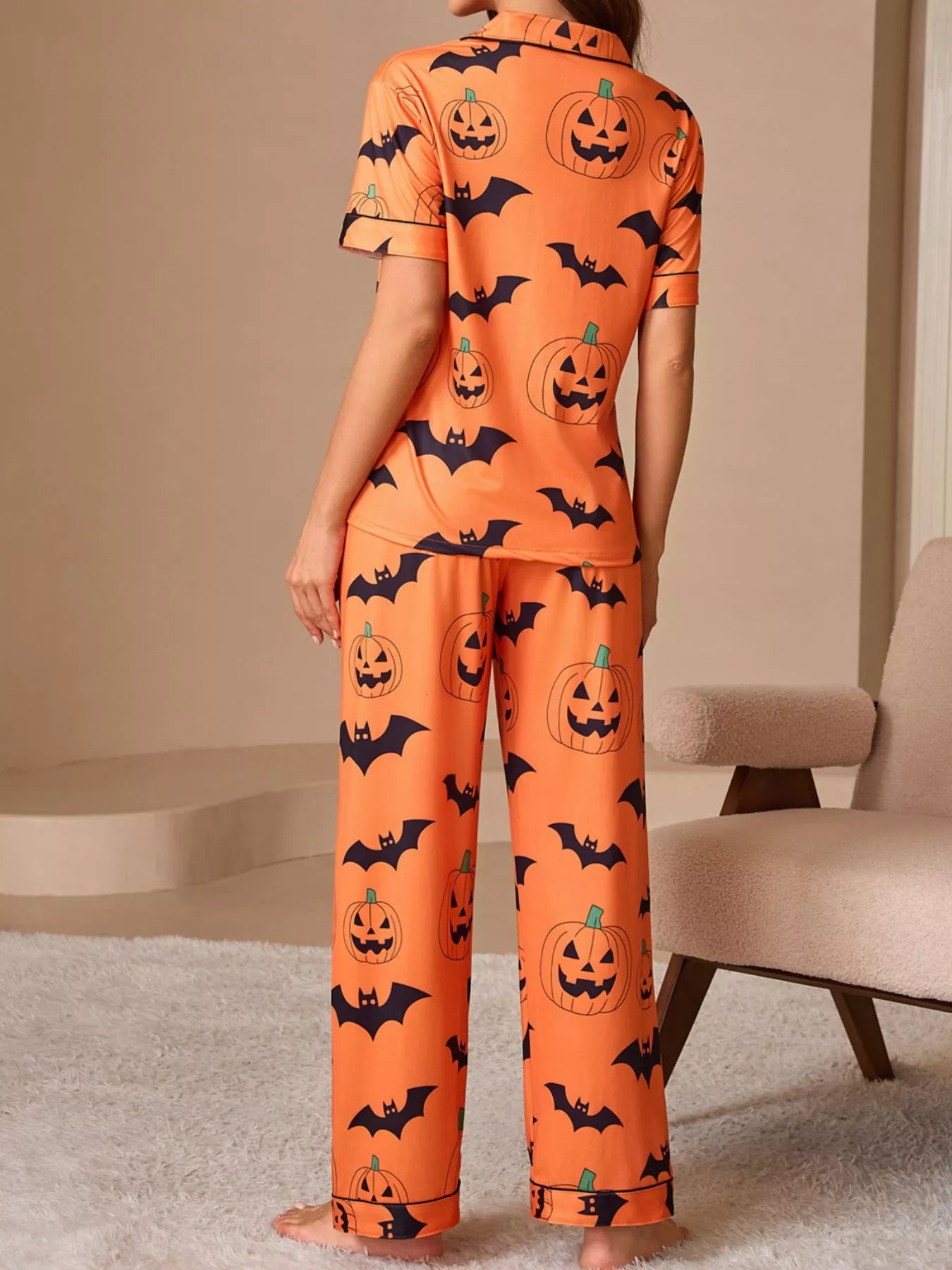 Trendsi Halloween Pumpkin and Bat Print Button-Down Top and Pants Lounge Set -