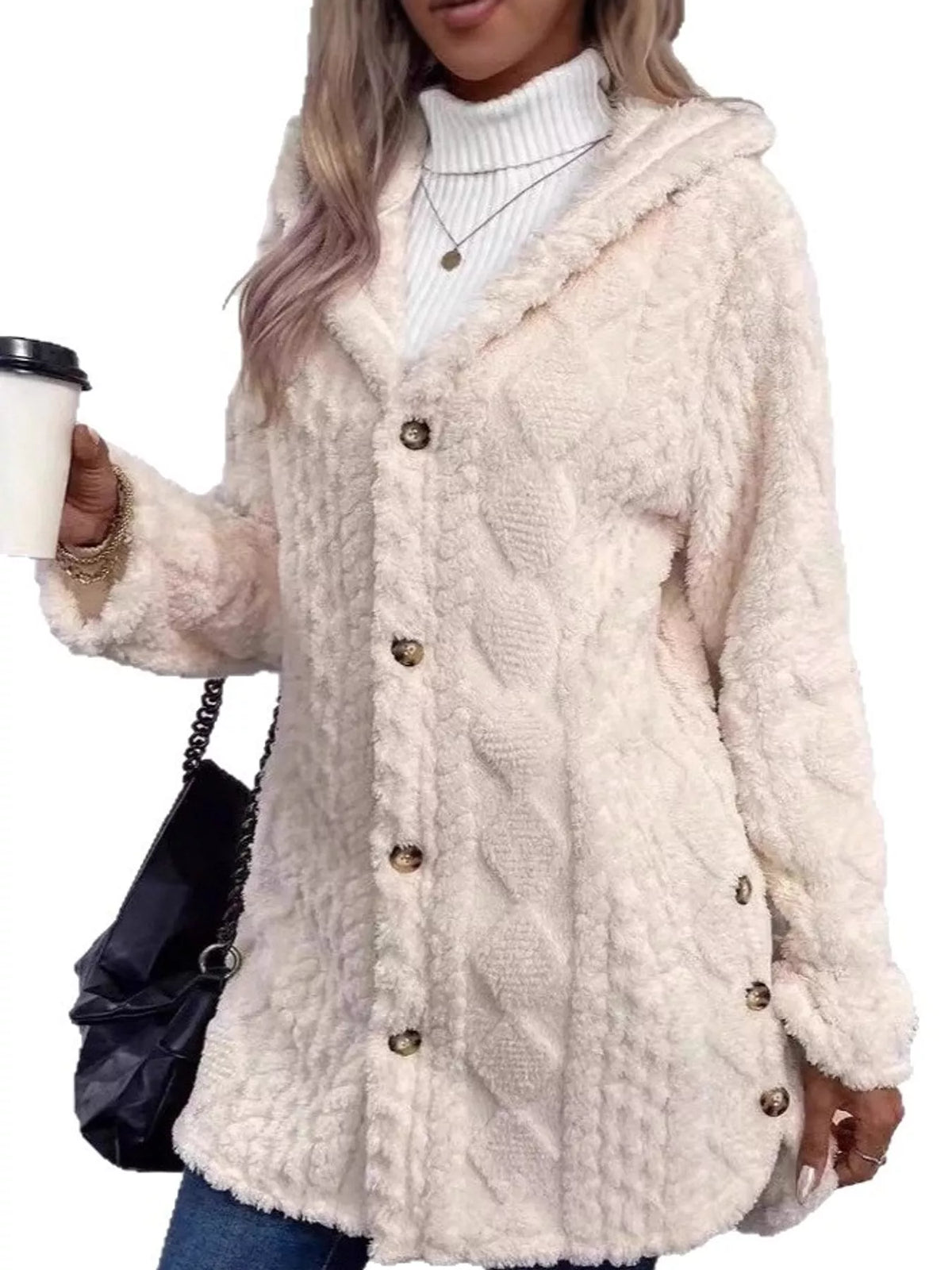 Heather Beige cable knit faux fur hooded jacket