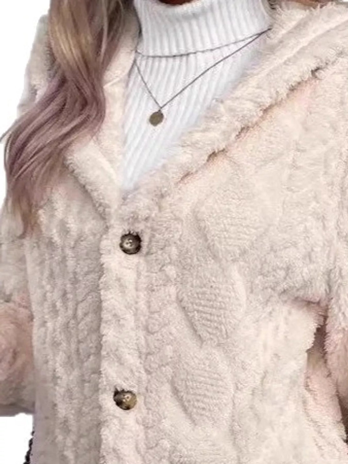 Heather Beige cable knit faux fur hooded jacket, detail view