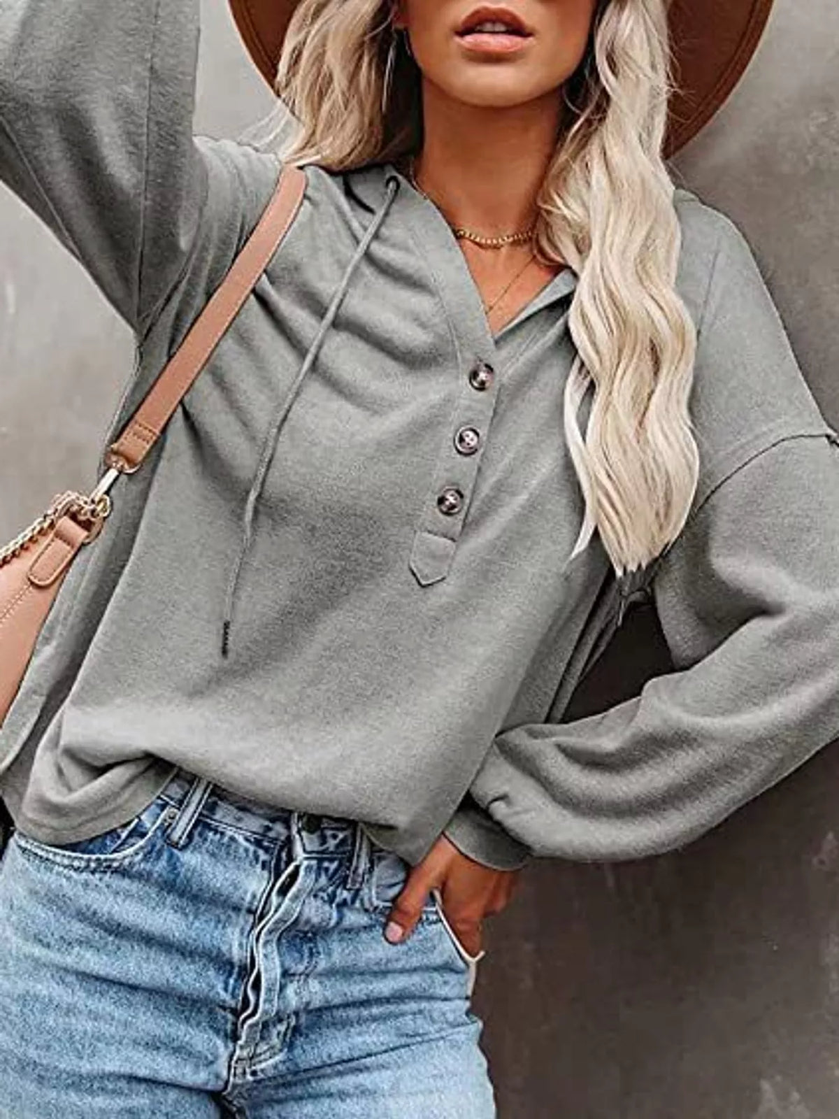 Women's Button Placket Drawstring Dropped Shoulder Hoodie in gray — front view