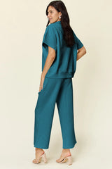 Trendsi Double Take Full Size Texture Half Zip Short Sleeve Top and Pants Set -