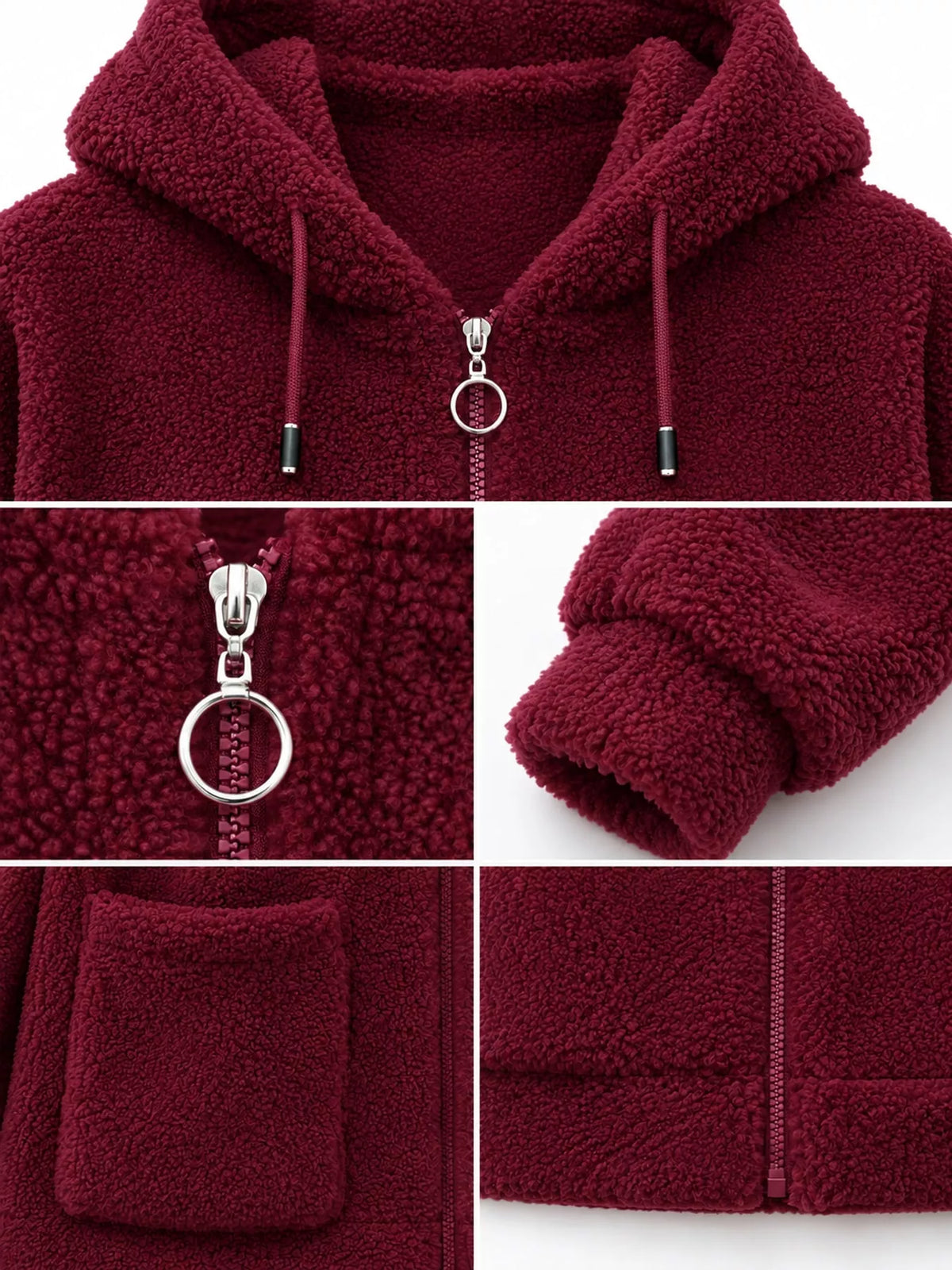 Burgundy fleece zip-up hoodie with pockets