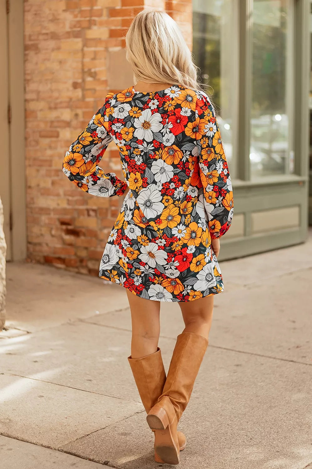 Trendsi Boho Floral Print V-Neck Mini Dress with Pockets - Dresses