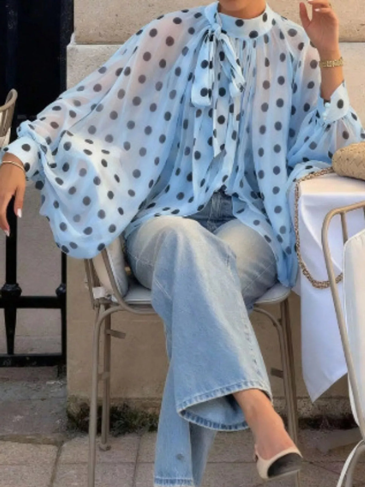 Sky Blue polka dot long sleeve blouse