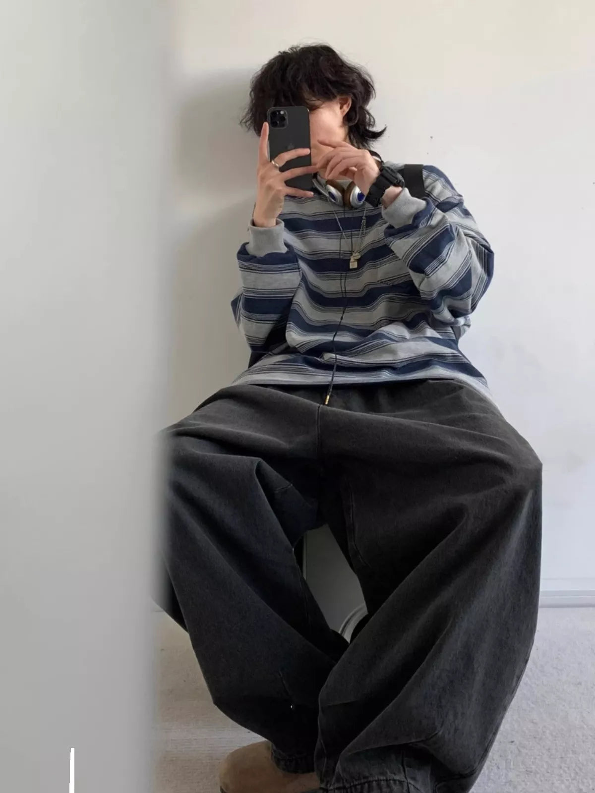 Women's Oversized Striped Crewneck Sweatshirt with Chest Pocket in blue and gray — front view
