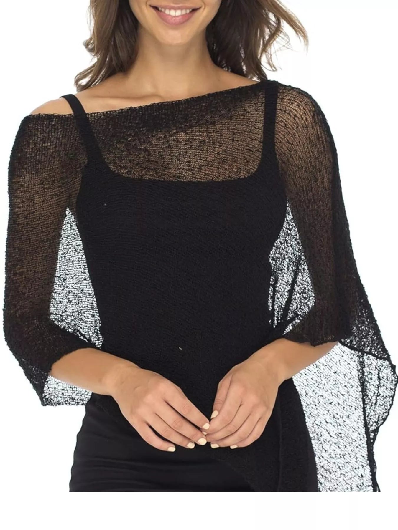 Trendsi Lightweight Sheer Cropped Knit Poncho Cover-Up -