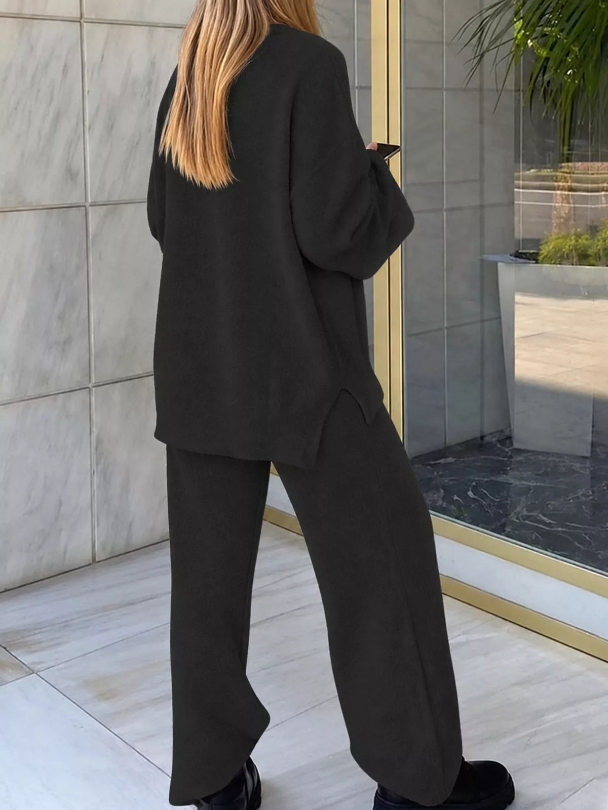 V-Neck Top and Wide Leg Pants Lounge Set, back view in black