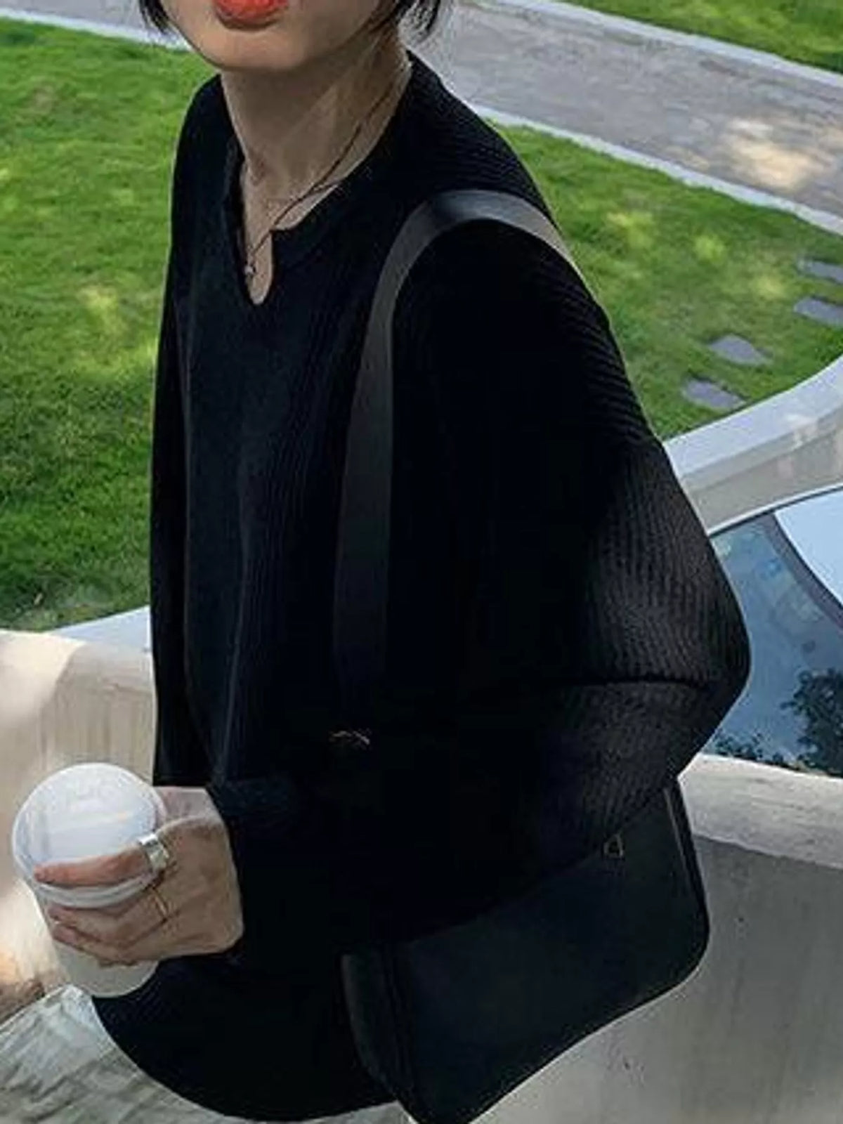 Split-Neck Waffle Knit Long Sleeve T-Shirt — side view