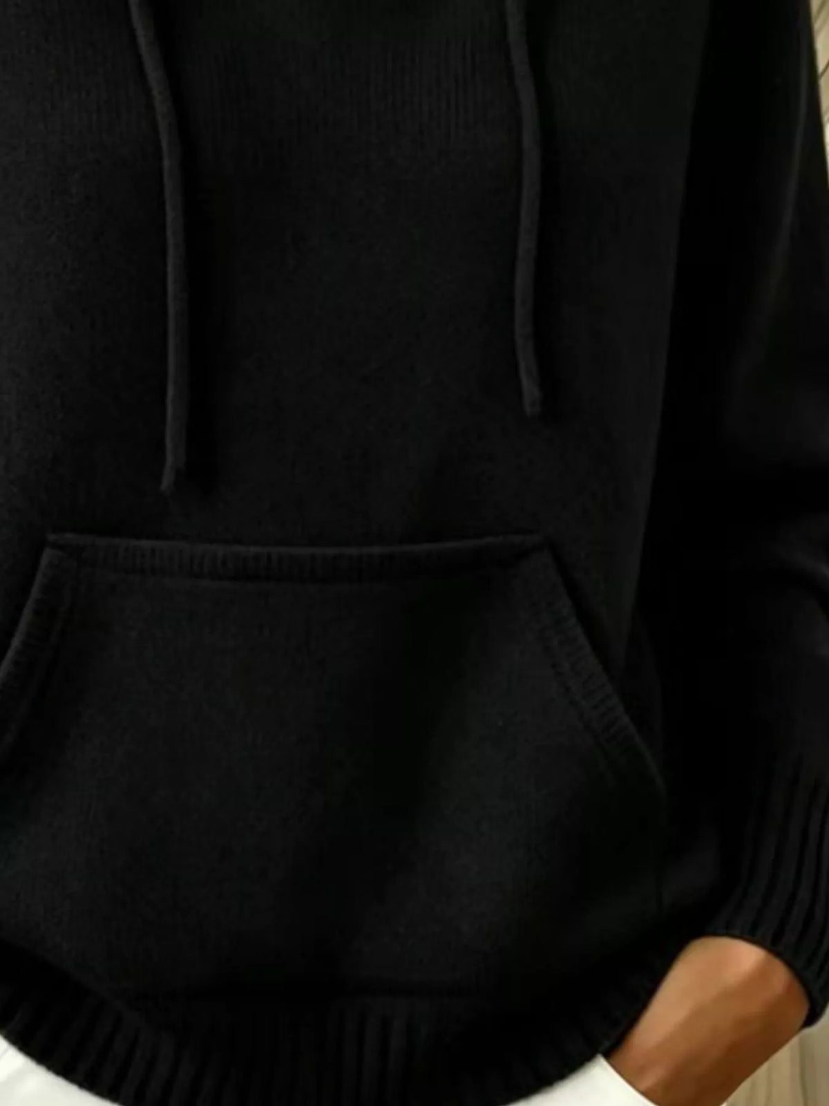 Women's Drawstring Kangaroo Pocket Hooded Sweater in black — pocket detail view