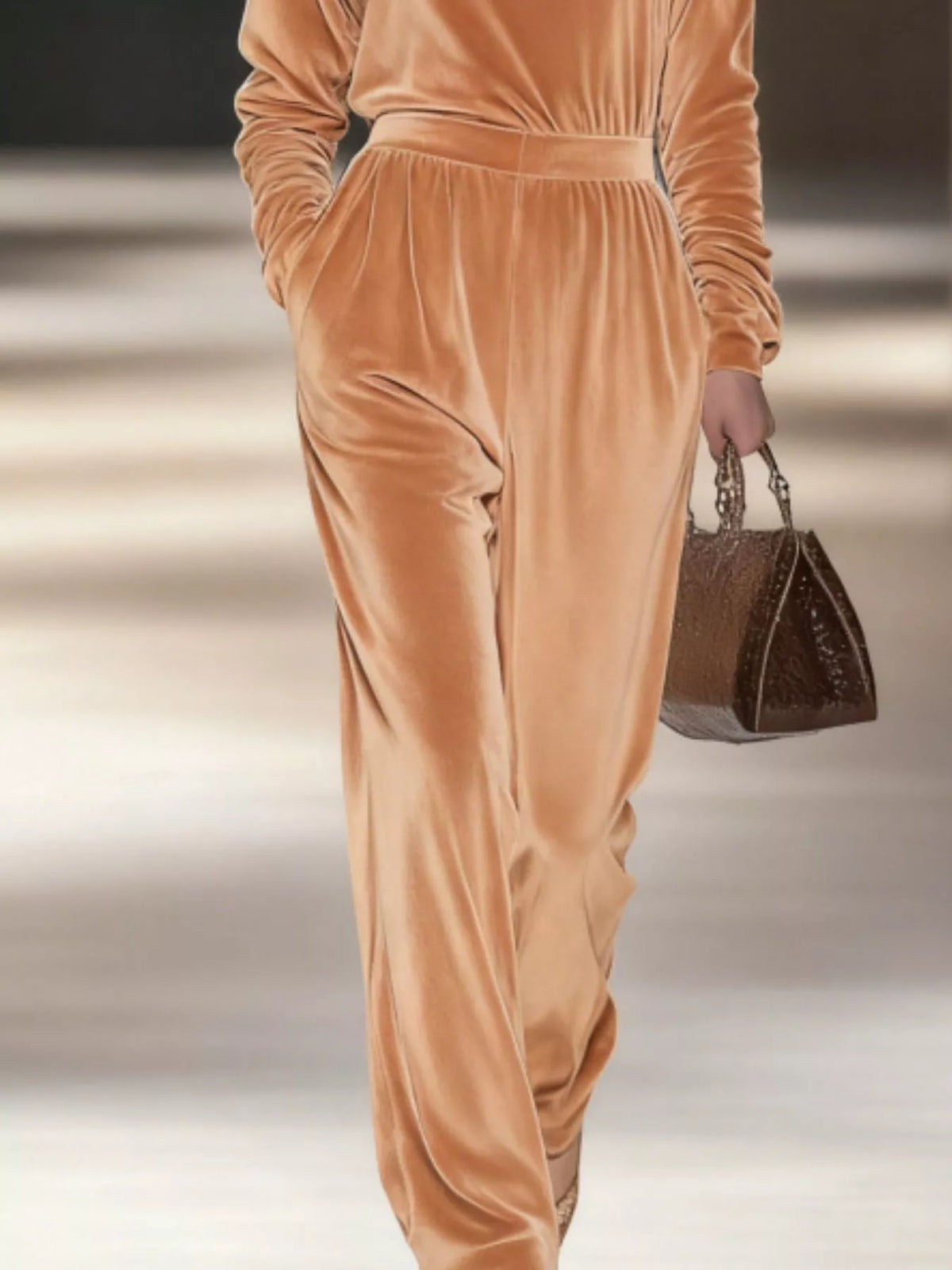 Women's Velvet Turtleneck Long-Sleeve Top & Wide-Leg Pants Set — detail view
