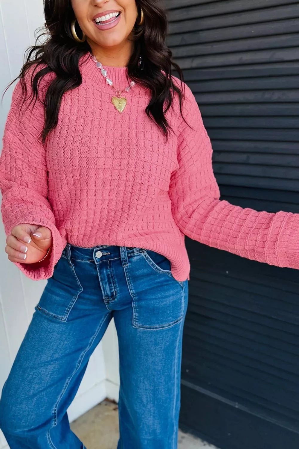 Trendsi Drop Shoulder Long Sleeve Knit Regular Fit Sweater -