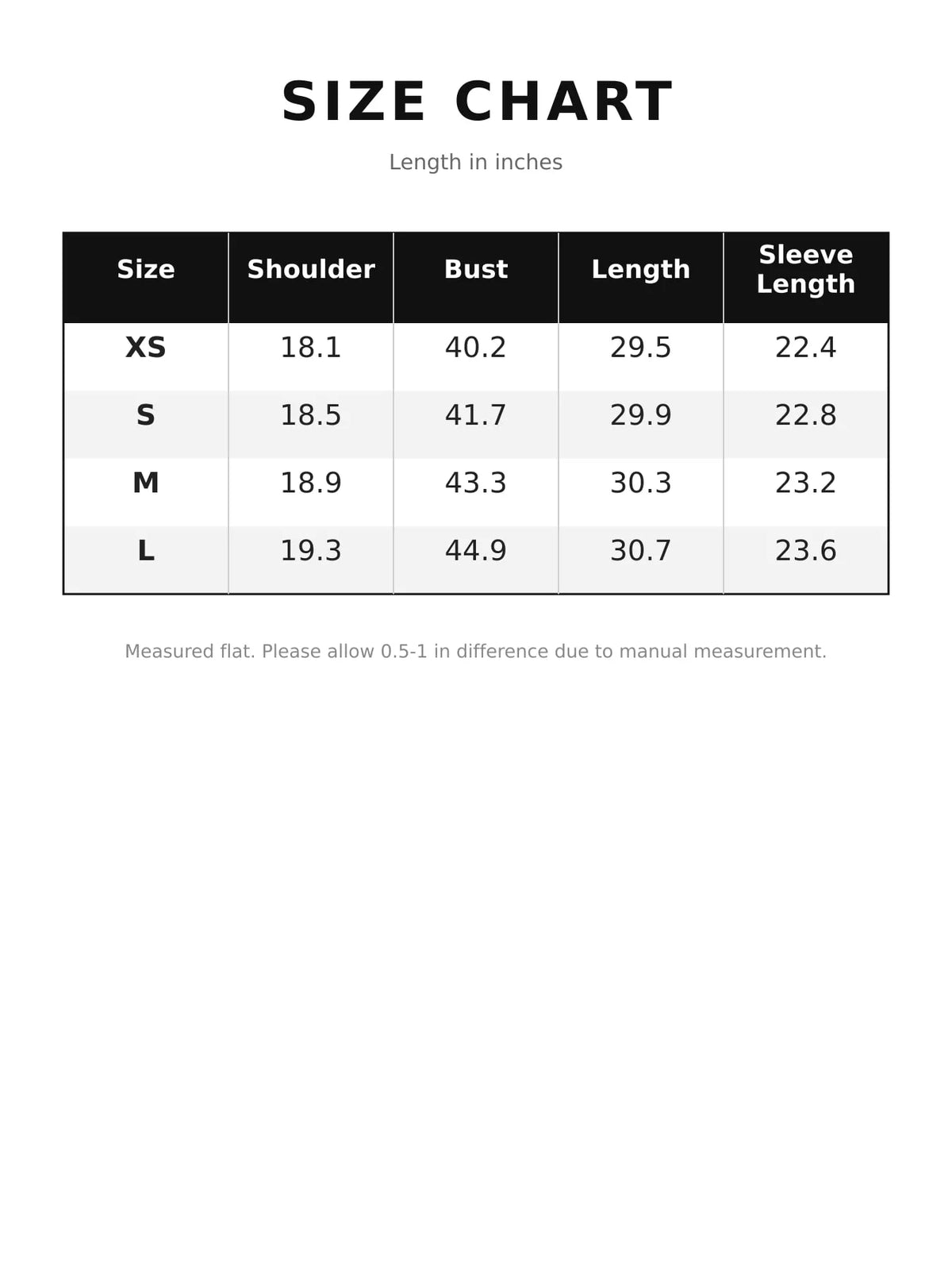 Size chart for belted double-sided wool coat
