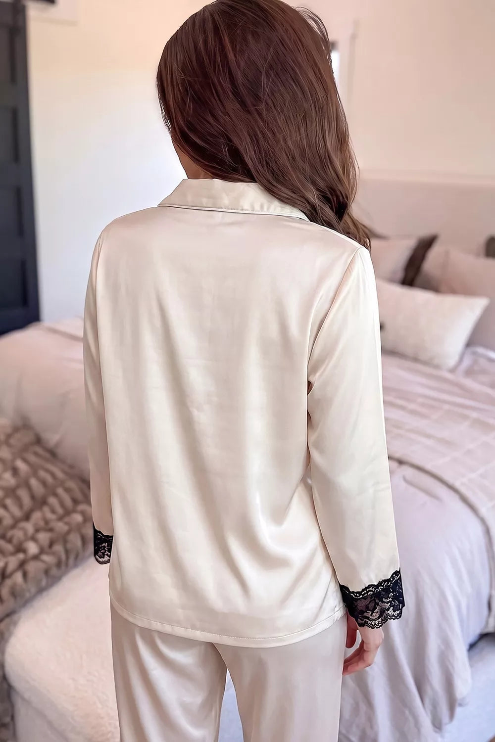 Ivory lace-trim button-front pajama set, back view.