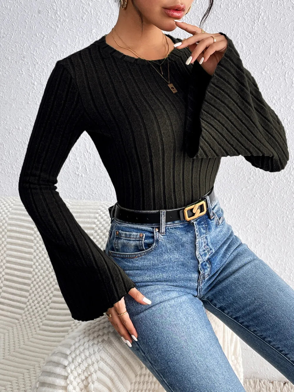 Trendsi Honey Round Neck Flare Sleeve T-Shirt -