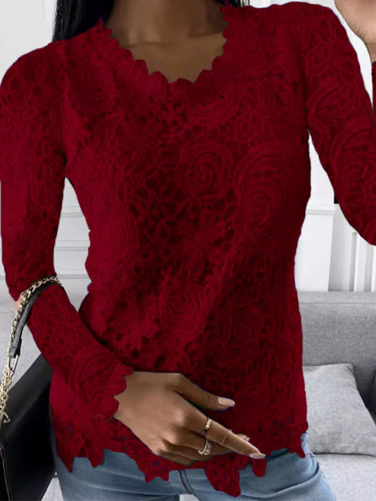 Lace Long Sleeve Blouse in burgundy