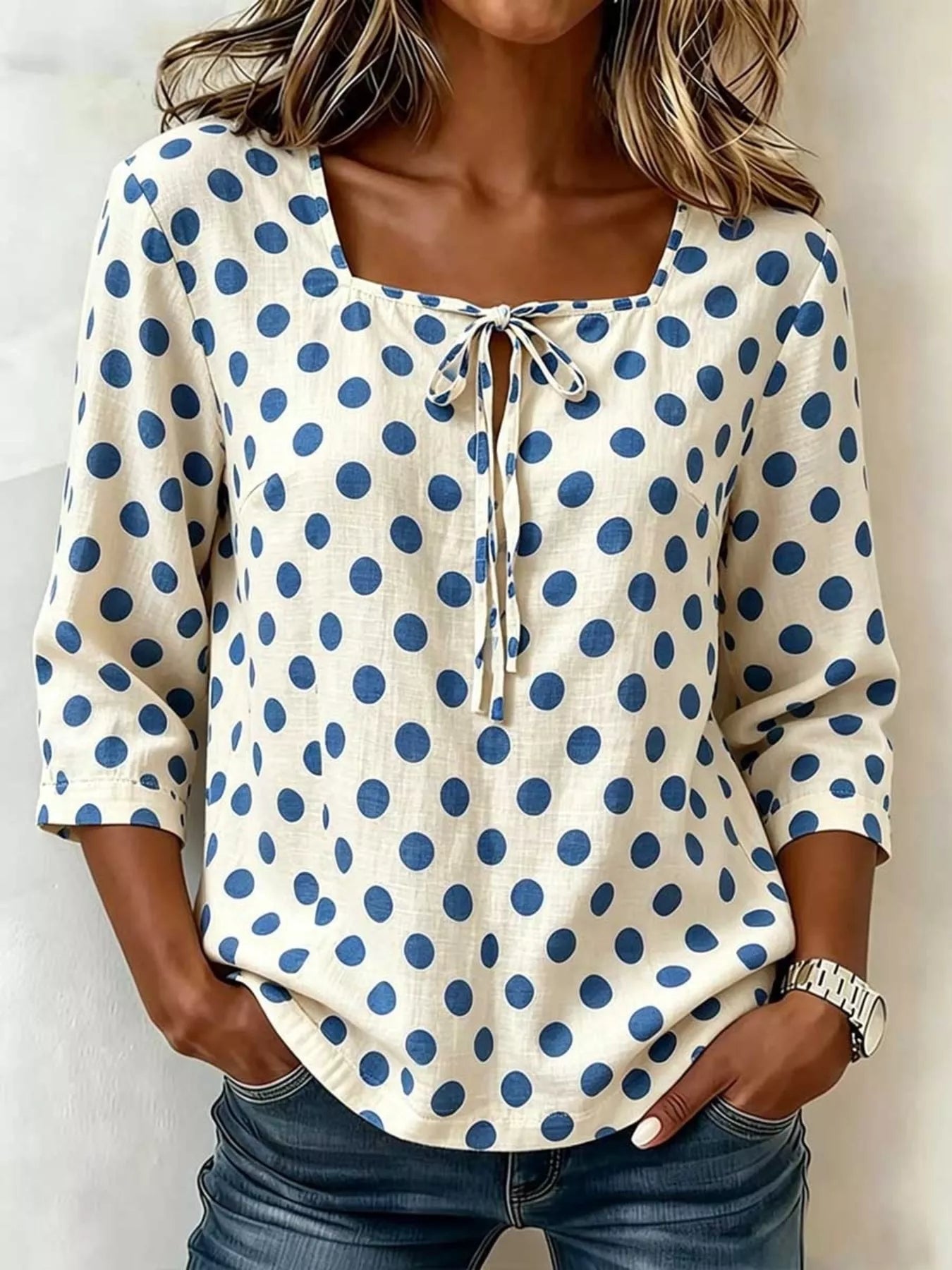 Trendsi Full Size Square Neck Polka Dot Blouse Plus Size -