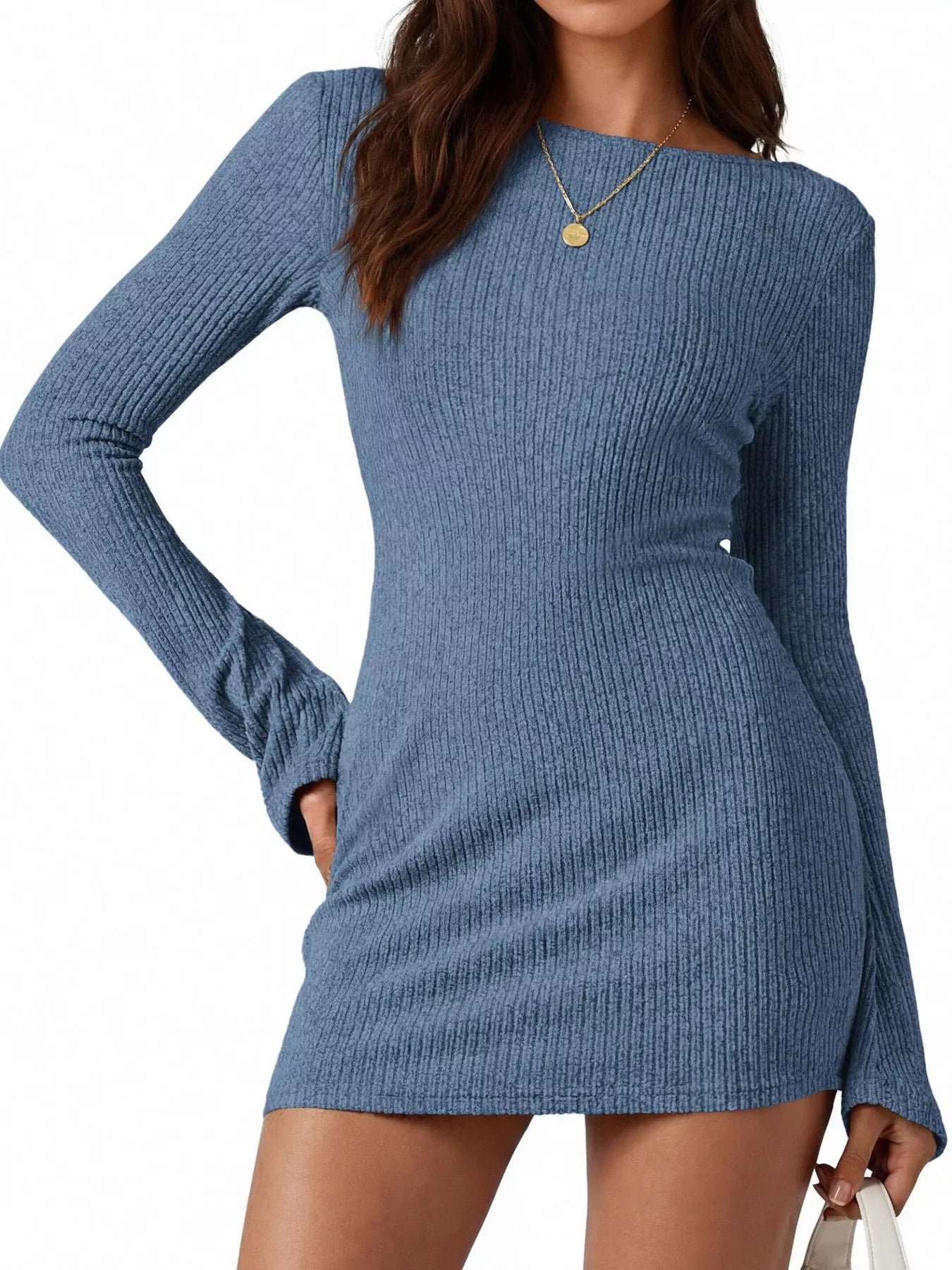 Trendsi Ribbed Knit Long Sleeve Slim Fit Sweater Dress -