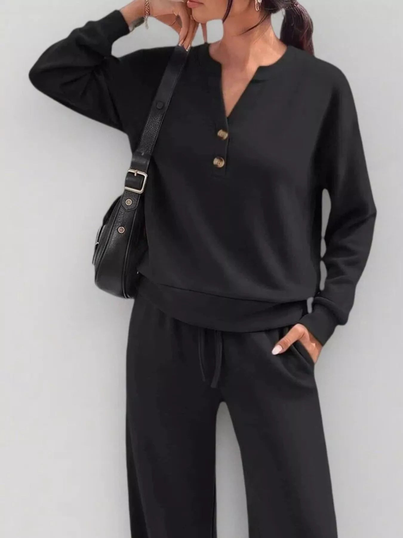 Button-detail dropped-shoulder top and pants set