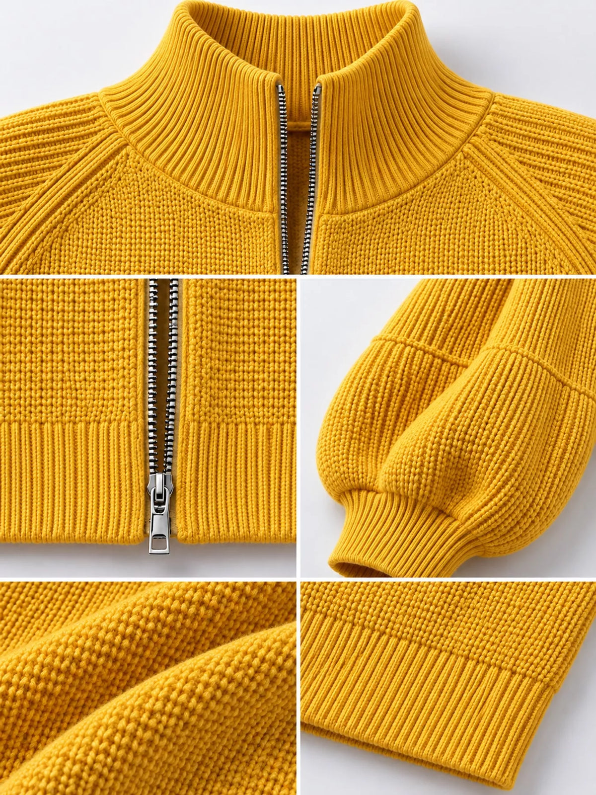 Yellow ribbed knit zip-up lantern sleeve cardigan, detail view