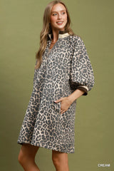Trendsi Umgee Leopard Print Quarter Zip Puff Sleeve Mini Dress -