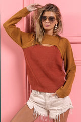 Trendsi BiBi Color Block Sweater Knit Top With Cut Out Neck -