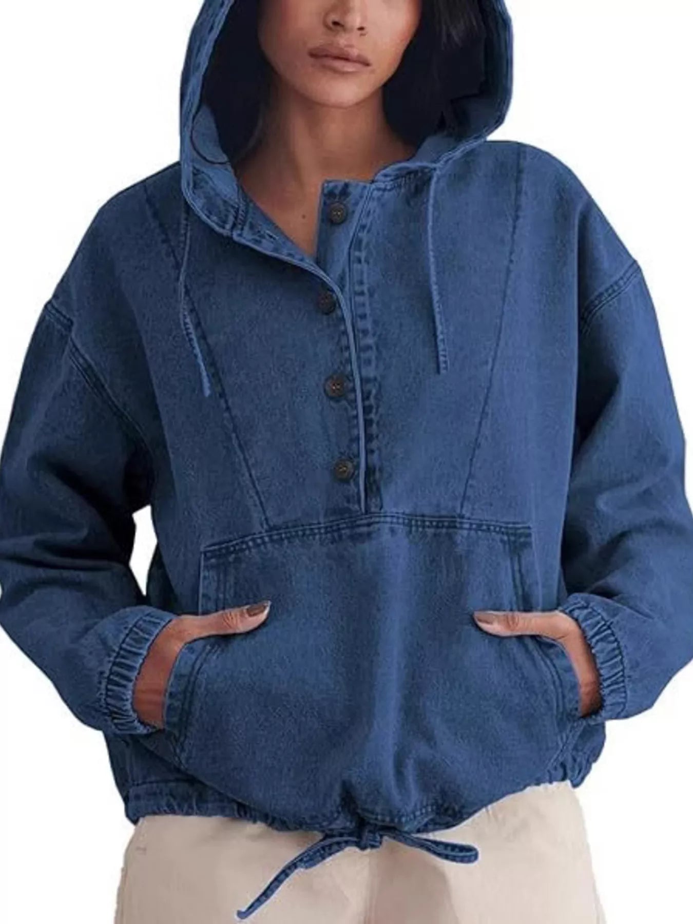 Trendsi Casual Hooded Kangaroo Pocket Denim Jacket -