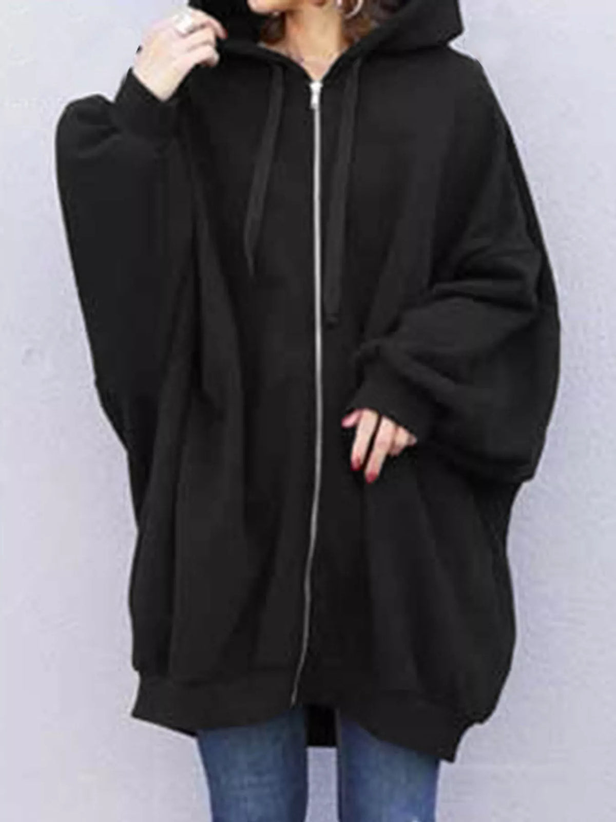 Black drawstring zip-up oversized hoodie