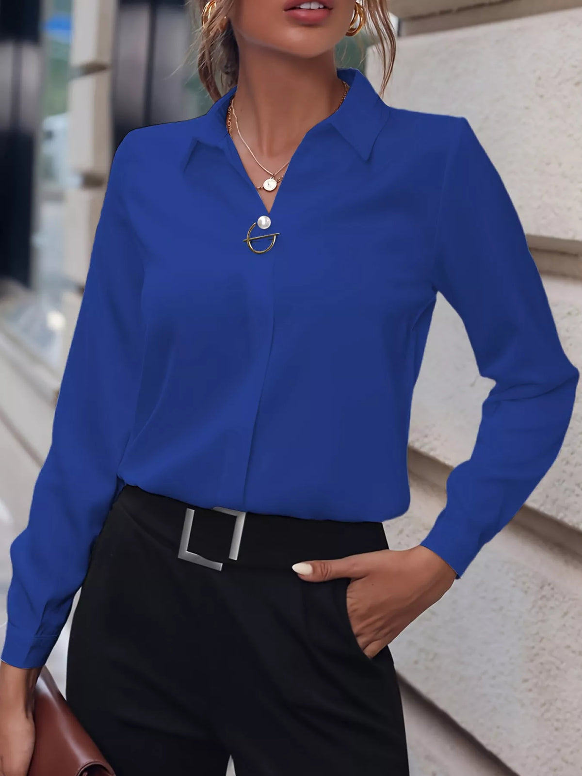 Women's Collared Clasp Detail Long Sleeve Satin Blouse in blue — front view
