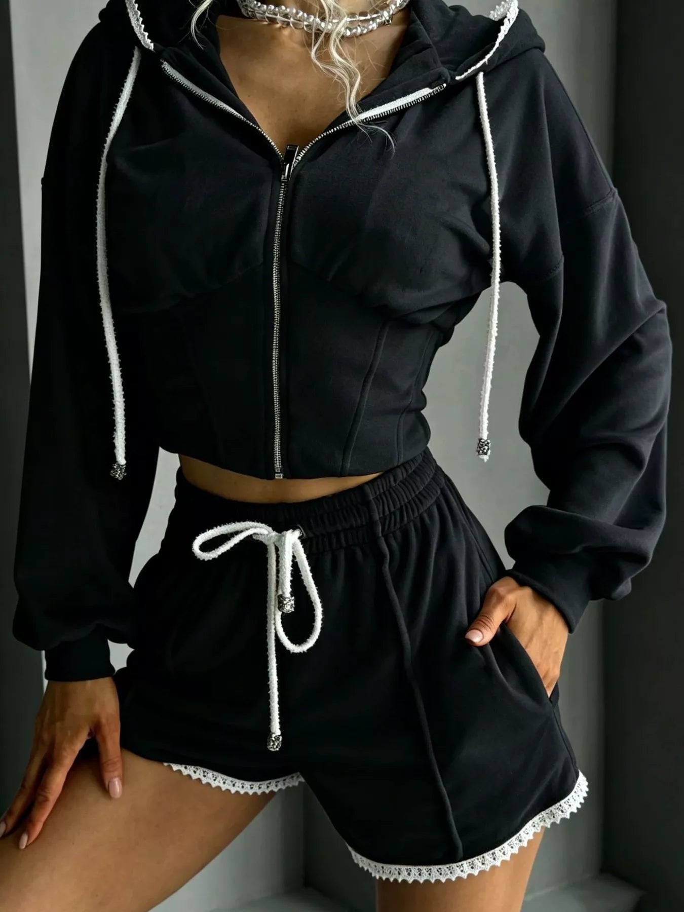 Trendsi Drawstring Zip-Up Hoodie and Shorts Set -