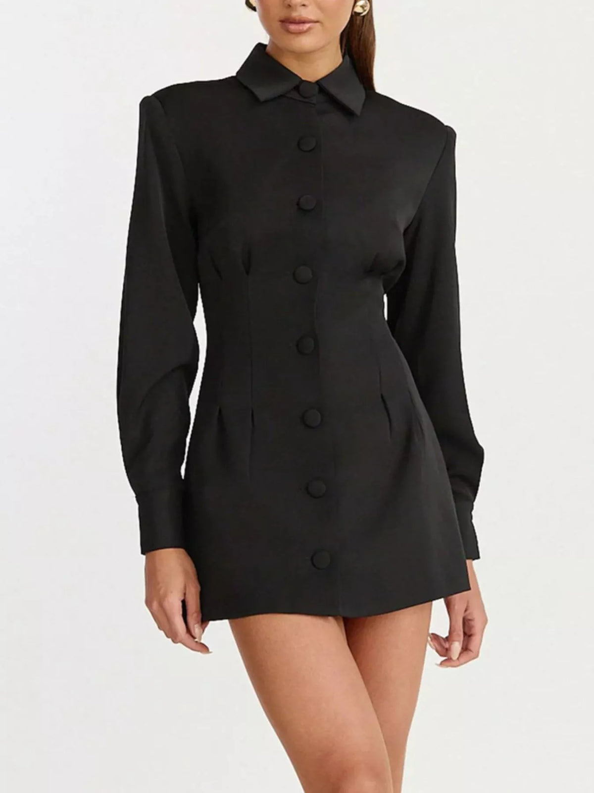 Corset-style mini blazer dress — black full front view.