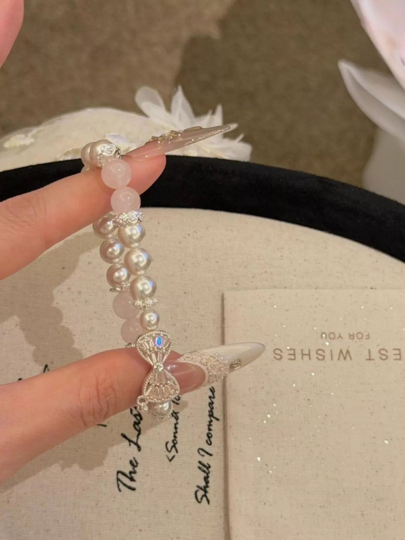 Women's Silver Plated Bow Charm Pearl Crystal Bead Bracelet