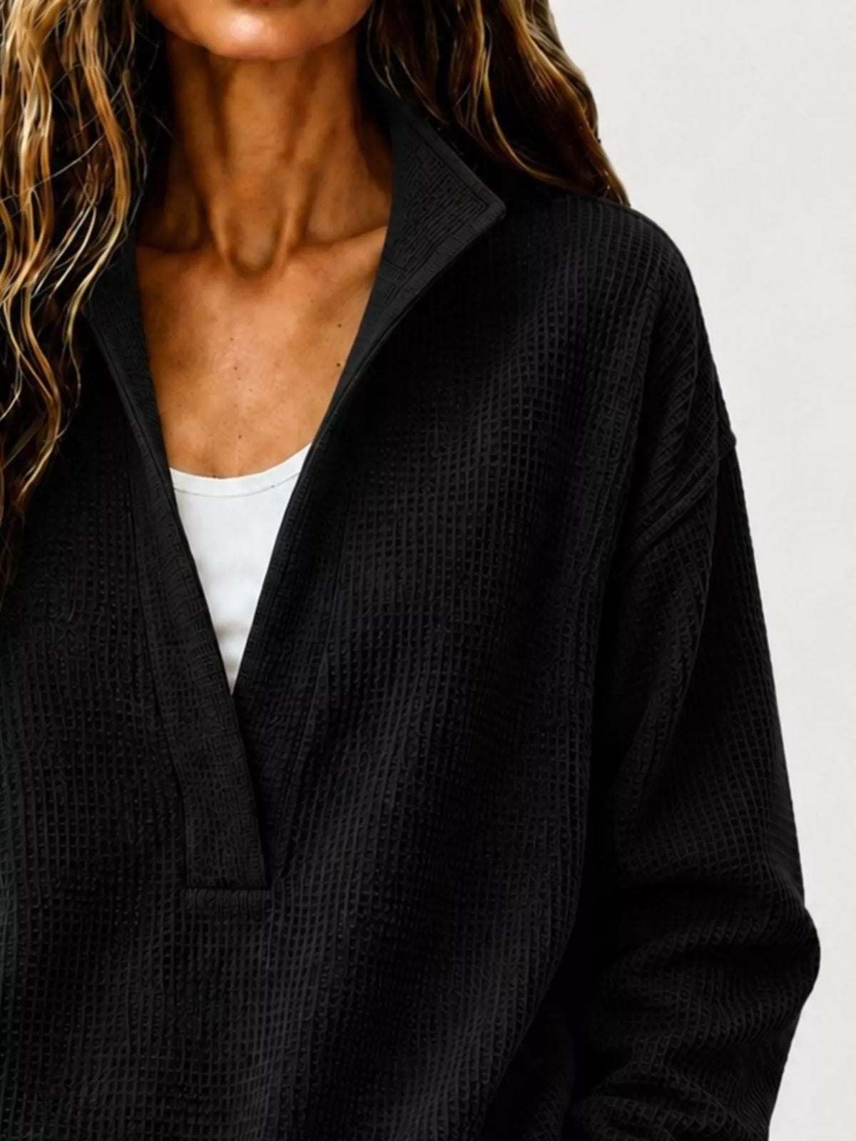 Black Waffle Knit Dropped Shoulder Sweatshirt back view