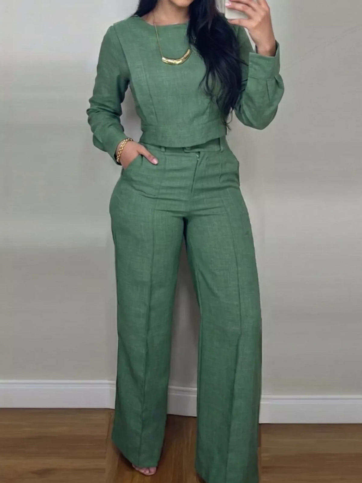 Crop Top and Wide-Leg Pants Set in green, front view