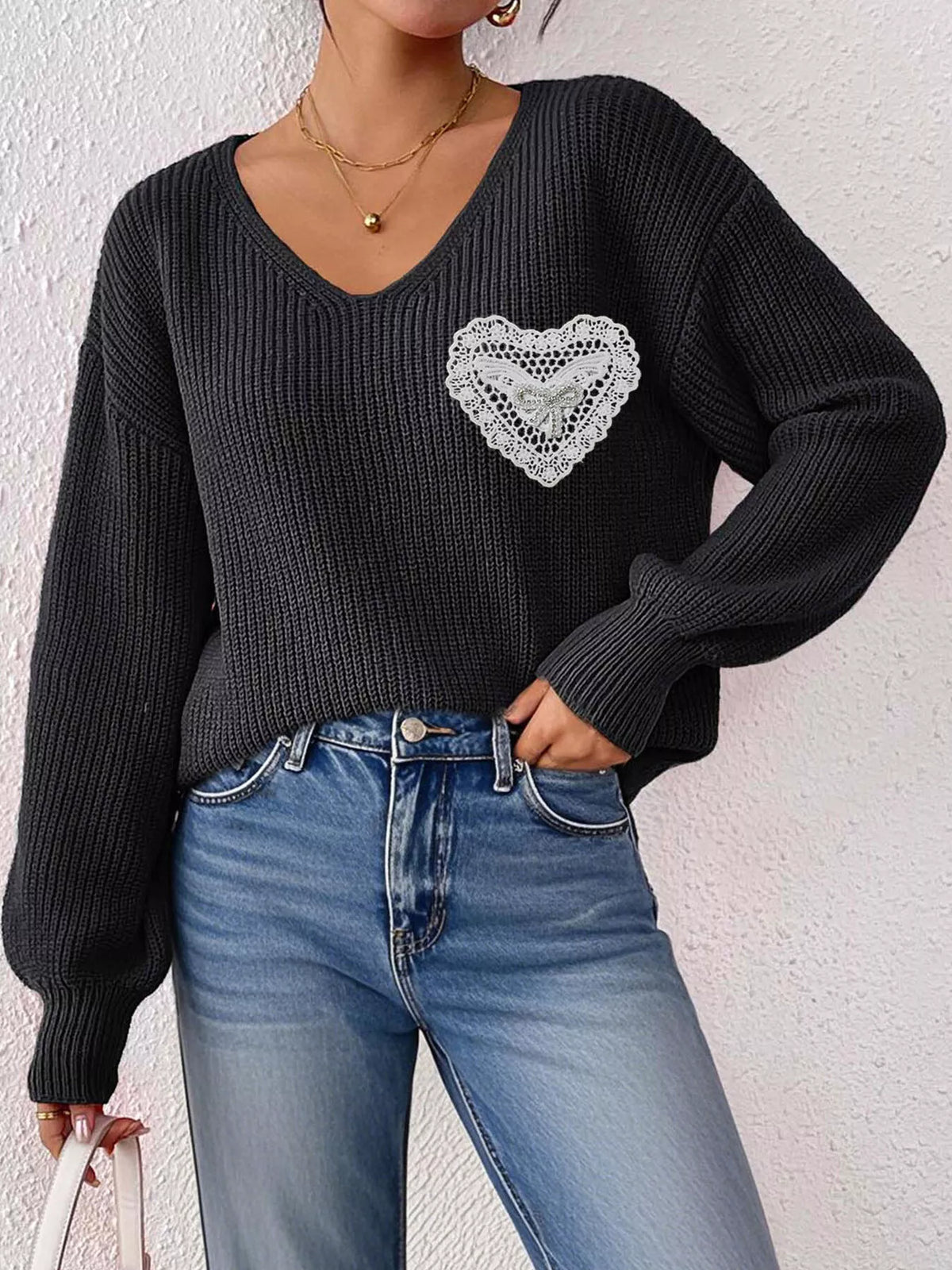 Black Lace Heart Dropped Shoulder Sweater close-up view