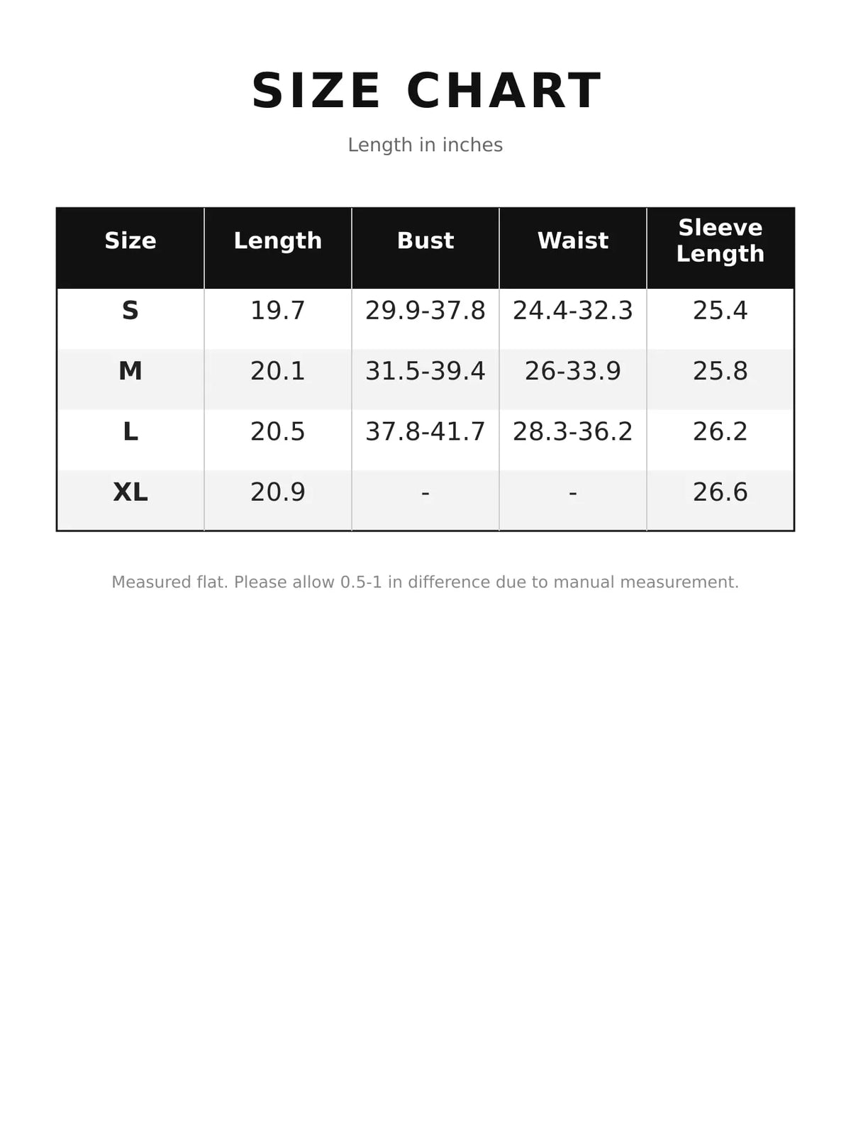Size chart for lace trim v-neck long sleeve slim fit t-shirt