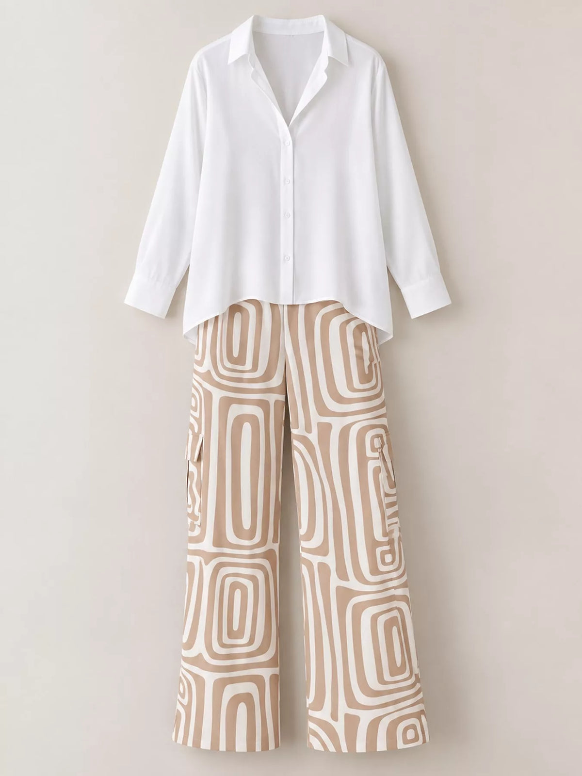 Shirt and geometric pants set, beige flat set